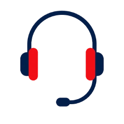 Blue over-ear headset with red ear cushions and an attached microphone