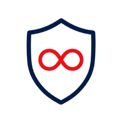 Shield outline with navy border and a red infinity loop, symbolizing ongoing protection or security.