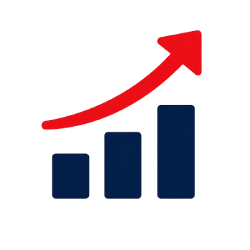 Bar chart with three increasing dark-blue bars and a red upward arrow showing growth.