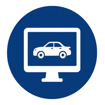 Car displayed on a computer monitor icon inside a blue circle indicating online vehicle viewing