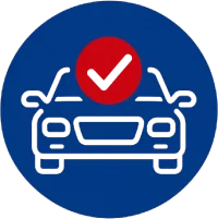 Blue circular badge showing a car front silhouette with a red checkmark, indicating vehicle approved or inspected.