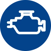 Car engine icon on a blue circular background